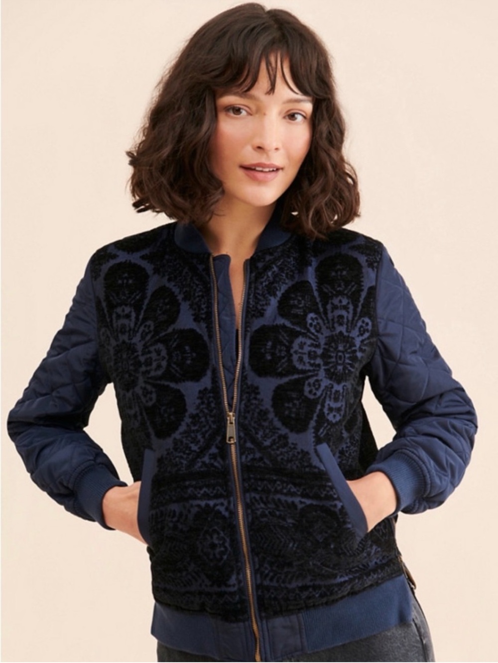 Anthropologie Clemence Quilted Floral Bomber Jacket Navy Jacquard